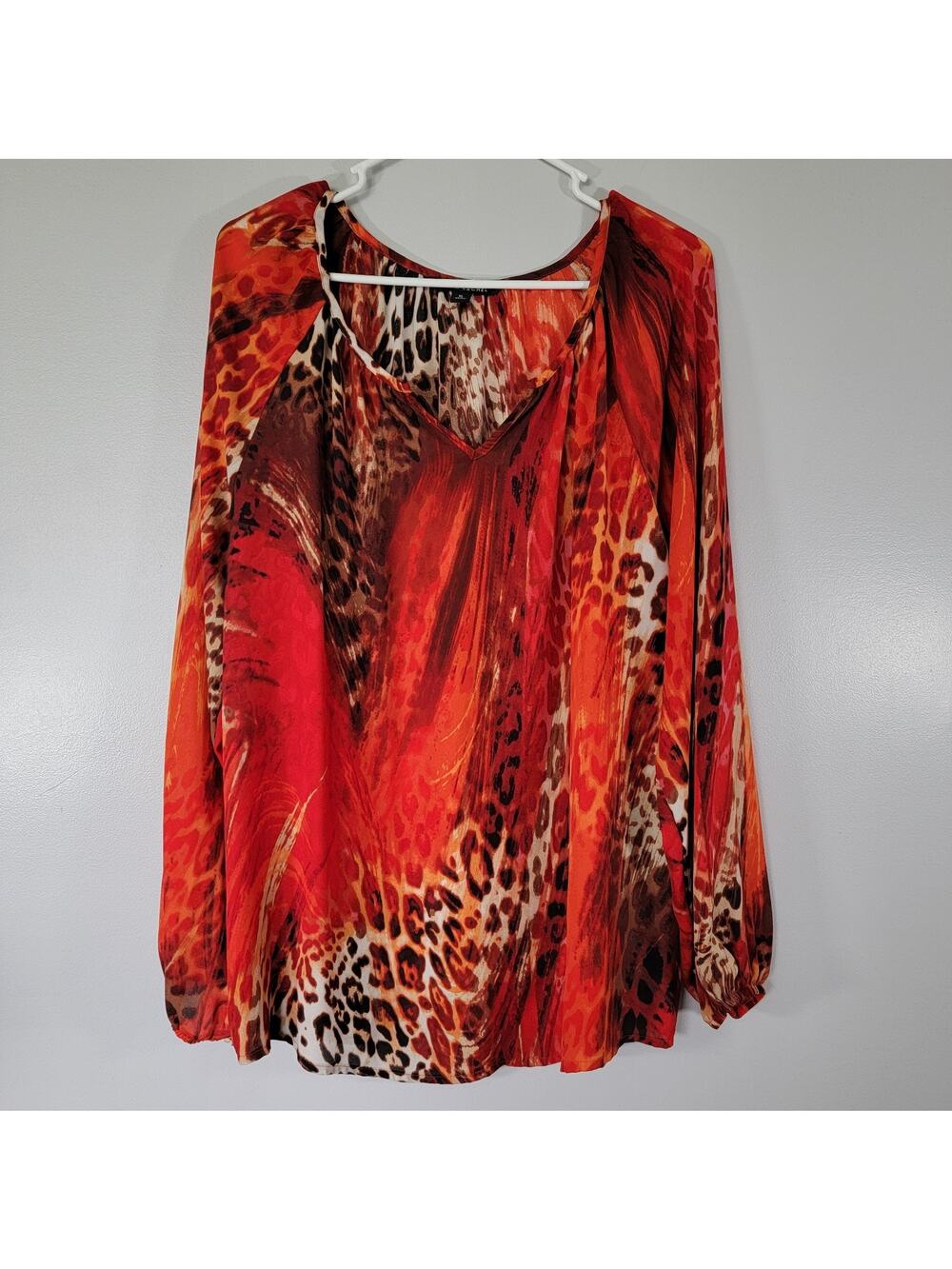 Animal Print Blouse Womens XL Red Orange Spicey Firey Mob Wife Zac & Rachel